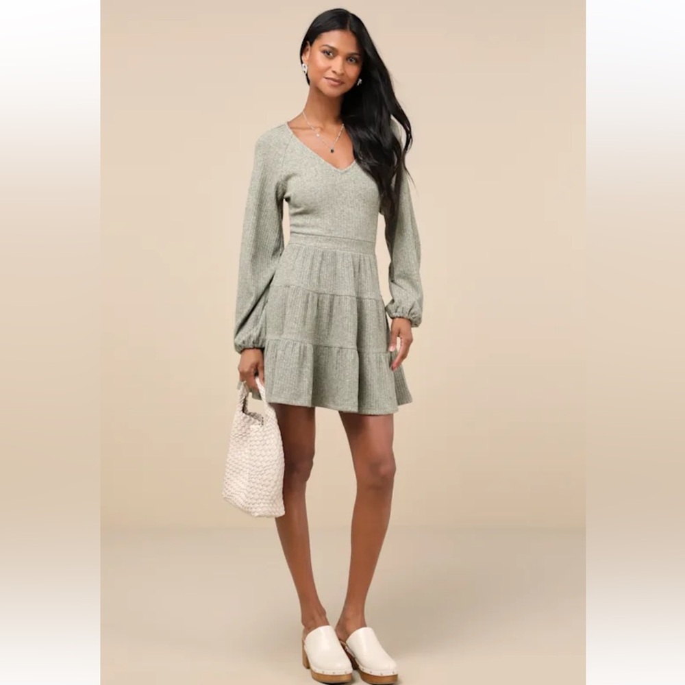 Lulus Adorable Option‎ Heather Green Long Sleeve Mini Sweater Dress